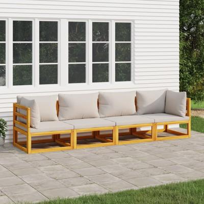 4-delige Loungeset met lichtgrijze kussens massief hout