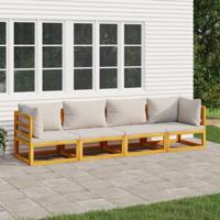 4-delige Loungeset met lichtgrijze kussens massief hout
