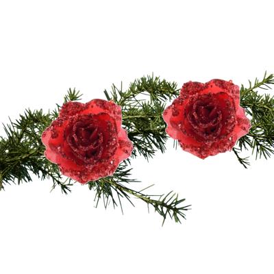 Kerstboomversiering Bloem - 2x stuks - 14 cm - rood - op clip - ornament - roos