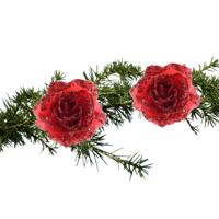 Kerstboomversiering Bloem - 2x stuks - 14 cm - rood - op clip - ornament - roos