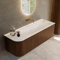 Badmeubel Mondiaz Kurve-Dlux | 135 cm | Meubelkleur Walnut | Wastafelkleur Ostra | Solid surface | Rechts spoelbak | Zonder kraangat(en) Badmeubel Mondiaz Kurve-Dlux | 135 cm | Meubelkleur Walnut | Wastafelkleur Ostra | Solid surface | Rechts spoelbak | Zonder kraangat(en)