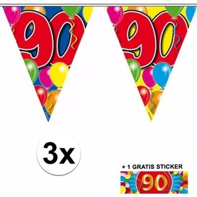 3 Gekleurde vlaggenlijnen 90 jaar met sticker