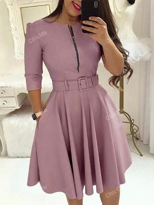 Purple Belted Midi Dress - Half Sleeve Zip Front A-Line Gown Purple / XL