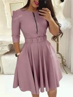 Purple Belted Midi Dress - Half Sleeve Zip Front A-Line Gown Purple / XL