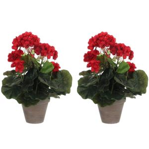 Mica Decorations Kunstplant - 2x stuks - Geranium - rood - in pot - D20 x H34 cm