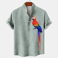 Papegaai Hawaii Voor heren linnen overhemd Henley-shirt Korte mouw Dagelijks gebruik Vakantie Zomer Lente Mandarijn Kraag Band Kraag nappi 3D-afdrukken Medium Groen Khaki Grijs 20% linnen Lightinthebox