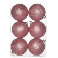 6x Kunststof kerstballen glitter roze 8 cm kerstboom versiering/decoratie   - - thumbnail