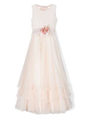 Mimilù robe volantée à fleurs appliquées - Tons neutres