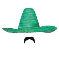 Carnaval verkleed setje - Mexicaanse sombrero hoed met plak nepsnor - groen - heren - thumbnail