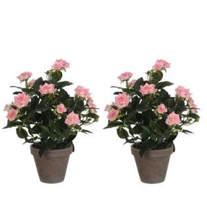 Mica Decorations Kunstplant - 2x - rozen - roze - in grijze pot - 33cm - kunst roos