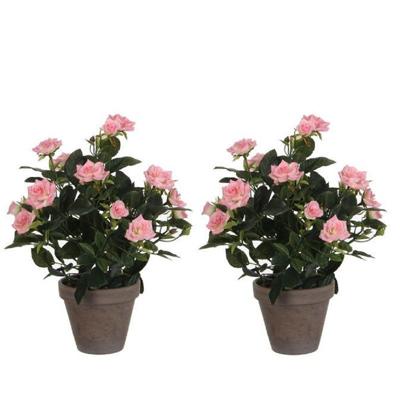 Mica Decorations Kunstplant - 2x - rozen - roze - in grijze pot - 33cm - kunst roos