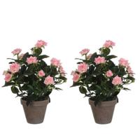 Mica Decorations Kunstplant - 2x - rozen - roze - in grijze pot - 33cm - kunst roos