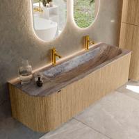 Badmeubel Mondiaz Kurve-Dlux | 145 cm | Meubelkleur Oak | Wastafelkleur Oza | Solid surface | Wasbak rechter zijde spoelbak | 2 kraangaten