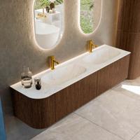 Badmeubel Mondiaz Kurve-Dlux | 175 cm | Meubelkleur Walnut | Wastafelkleur Opalo | Solid surface | Dubbele spoelbak | 2 kraangaten