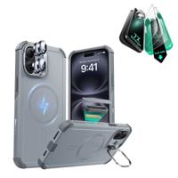 iPhone 16 Cyber Tough Magnetic Case Protection Bundle (Camera Control, Stash Stand) - Light Grey