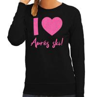 Apres ski sweater dames - I love Apres ski - zwart - glitter roze - wintersport - skieen