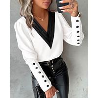 Dames Blouse Kleurenblok nappi Werk Stijlvol Modern Lantaarn mouw Lange mouw V-hals Wit Lente Herfst Lightinthebox - thumbnail