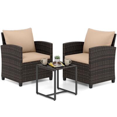 3-Delige Tuinmeubelset 2 Gestoffeerde Fauteuils met een Salontafel van Gehard Glas(Bruin Rietwerk)-Khaki