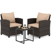 3-Delige Tuinmeubelset 2 Gestoffeerde Fauteuils met een Salontafel van Gehard Glas(Bruin Rietwerk)-Khaki