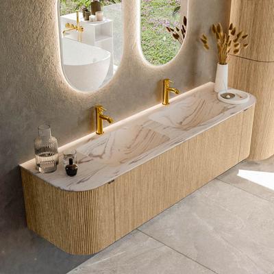 Badmeubel Mondiaz Kurve-Dlux | 170 cm | Meubelkleur Oak | Wastafelkleur Nata | Solid surface | Wasbak beide zijden spoelbak | 2 kraangaten