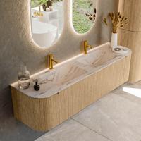 Badmeubel Mondiaz Kurve-Dlux | 170 cm | Meubelkleur Oak | Wastafelkleur Nata | Solid surface | Wasbak beide zijden spoelbak | 2 kraangaten