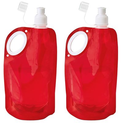 Waterfles/drinkfles opvouwbaar - 2x - rood - kunststof - 770 ml - schroefdop - waterzak