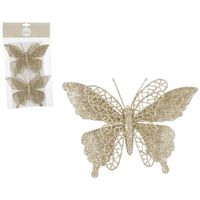 Decoratie vlinders op clip - 2x stuks - champagne - 16 cm - kunststof - thumbnail