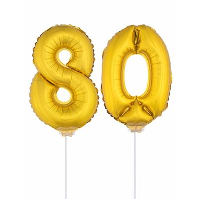 Gouden opblaas cijfer 80 - op stokjes van 41 cm - leeftijd versiering - verjaardag