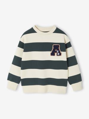 Groot gestreept jongenssweatshirt met badge in bouclé groen, gestreept