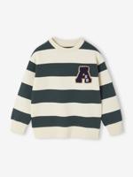 Groot gestreept jongenssweatshirt met badge in bouclé groen, gestreept