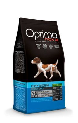 Optimanova puppy medium kip en rijst 12kg LET OP: THT 11-05-2024