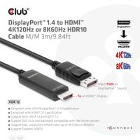 club3D CAC-1087 DisplayPort-kabel DisplayPort / HDMI Aansluitkabel DisplayPort-stekker, HDMI-A-stekker 3.00 m Zwart - thumbnail