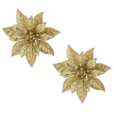 Decoratie bloem - 2x stuks - kerstster - op clip - goud - glitter -15 cm - kunststof - kerstversieri