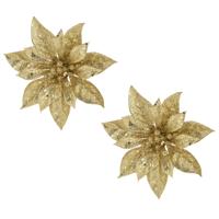 Decoratie bloem - 2x stuks - kerstster - op clip - goud - glitter -15 cm - kunststof - kerstversieri