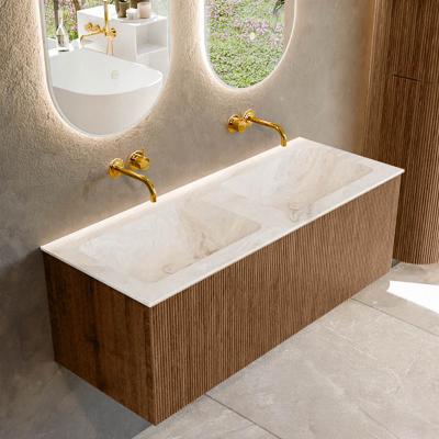 Mondiaz KURVE-DLUX 120 cm Onderkast Greeploos 1 Lade Zonder Deuren Walnut, Wastafel Solid Surface Dubbel Frappe 0 Kraangaten Zonder Spiegel (KRVLEA1201L0D0KD-Wal/Fra)
