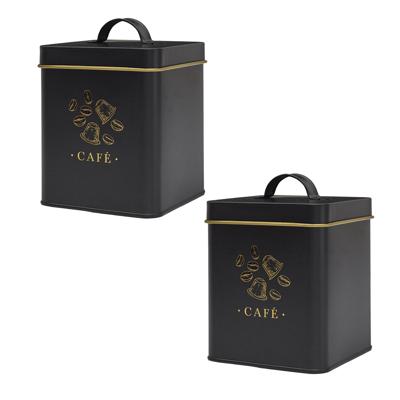 Koffie bewaarblik - 2x - metaal - zwart/print - 11 x 19 cm - 500 gram - cups bewaar pot/houder