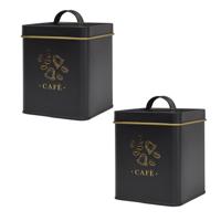 Koffie bewaarblik - 2x - metaal - zwart/print - 11 x 19 cm - 500 gram - cups bewaar pot/houder