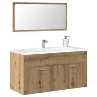 Badkamerkast met spiegel bewerkt hout artisanaal eikenkleurig