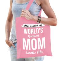 Moederdag cadeau tas - world's greatest mom - roze - katoen - 42 x 38 cm - thumbnail