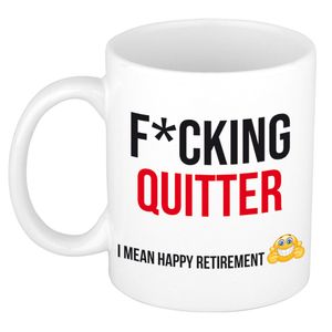 Fcking quitter cadeau mok / beker wit  en zwart - VUT/ pensioen - afscheidscadeau personeel / collega   -