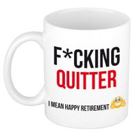 Fcking quitter cadeau mok / beker wit  en zwart - VUT/ pensioen - afscheidscadeau personeel / collega   -