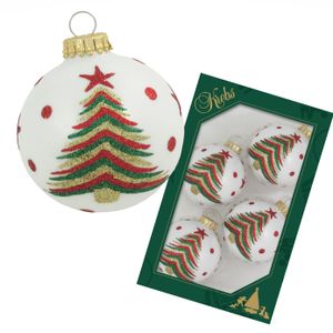 Kerstballen - 4x stuks - wit met kerstboom - glas - 7 cm