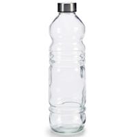 Glazen waterfles/drinkfles/sportfles - helder transparant - met RVS dop - 1100 ml