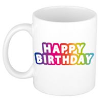 Vrolijke happy birthday verjaardag cadeau mok / beker met regenboogletters 300 ml   - - thumbnail