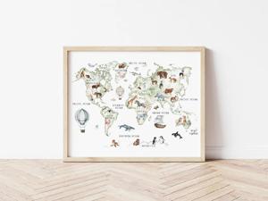 Poster - Wereldkaart met dieren