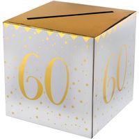 Enveloppendoos - Verjaardag - 60 jaar - wit/goud - karton - 20 x 20 cm - Feestdecoratievoorwerp - thumbnail
