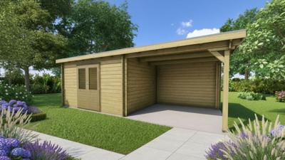 Classicline Blokhut Flevoland vuren groen geïmpregneerd 400x250 cm + overkapping 300 cm- Lessenaarsdak- - Van Kooten Classicline Blokhut Flevoland vuren groen geïmpregneerd 400x250 cm + overkapping 300 cm- Lessenaarsdak- - Van Kooten