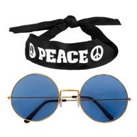 Hippie Flower Power verkleedset - Peace hoofdband - met ronde glazen verkleed bril - blauw