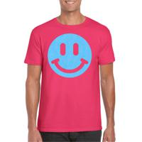 Verkleed T-shirt voor heren - smiley - roze - carnaval/foute party - feestkleding - thumbnail