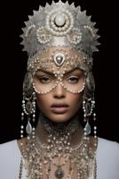 Glasschilderij vrouw met witte sieraden